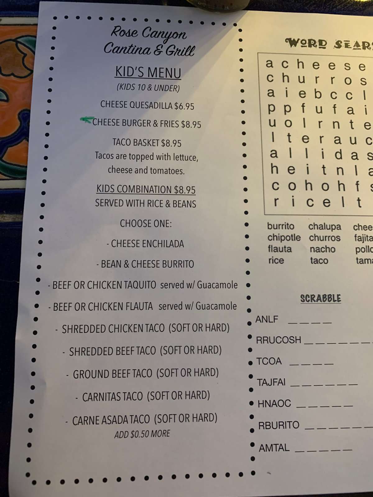 Kids Menu at Rose Canyon Cantina and Grill