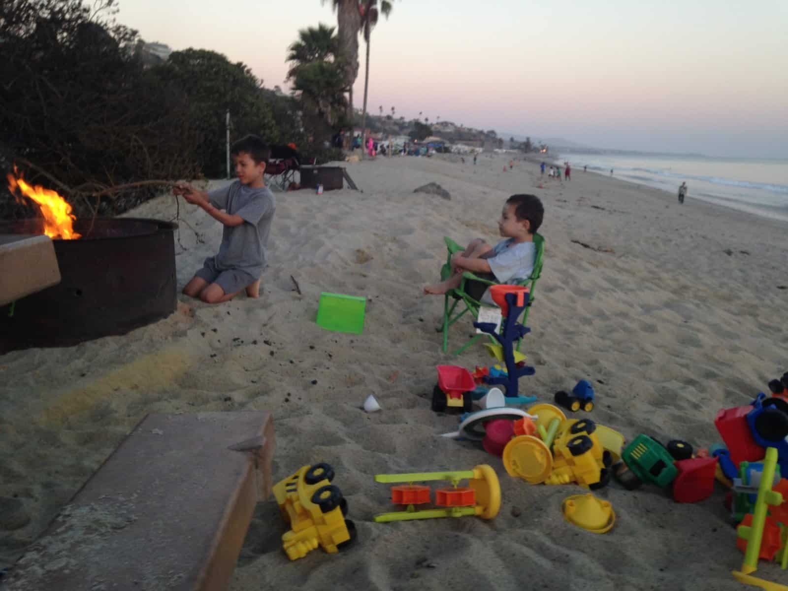 making a bonfire at Doheny campground