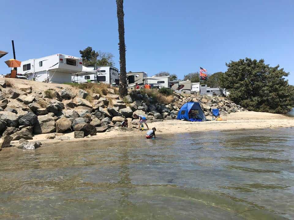 Our campsite right by the bay at Campland