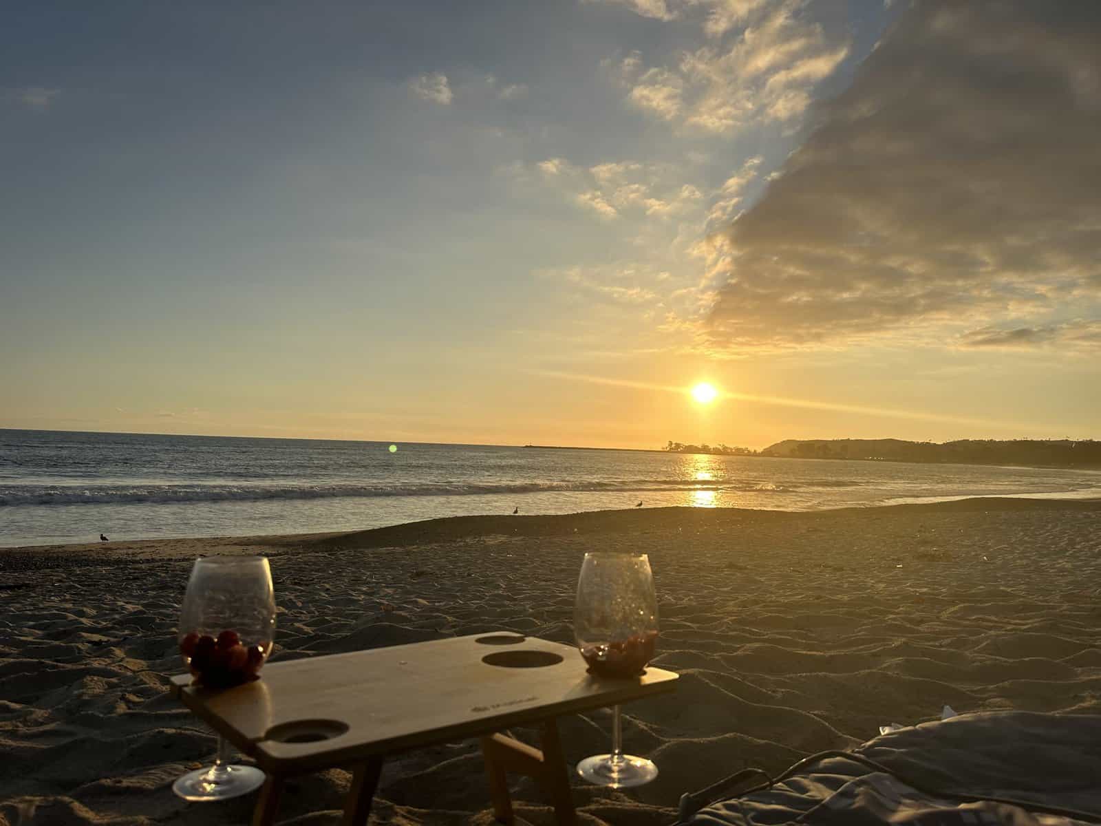our picnic table with sunset in the background