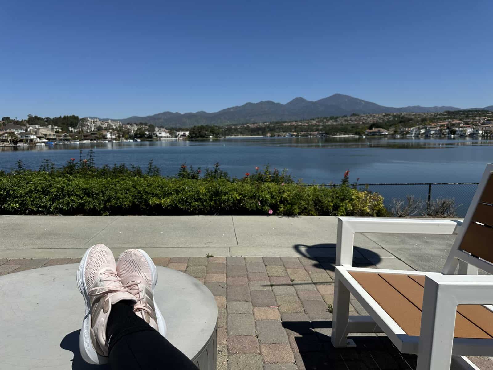 me relaxing on the benches at Lake Mission Viejo